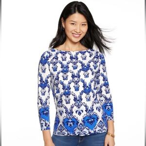 NWT TALBOTS Bateau Neck Tee Watercolor Damask Floral 3/4 Sleeve Top Cotton Small